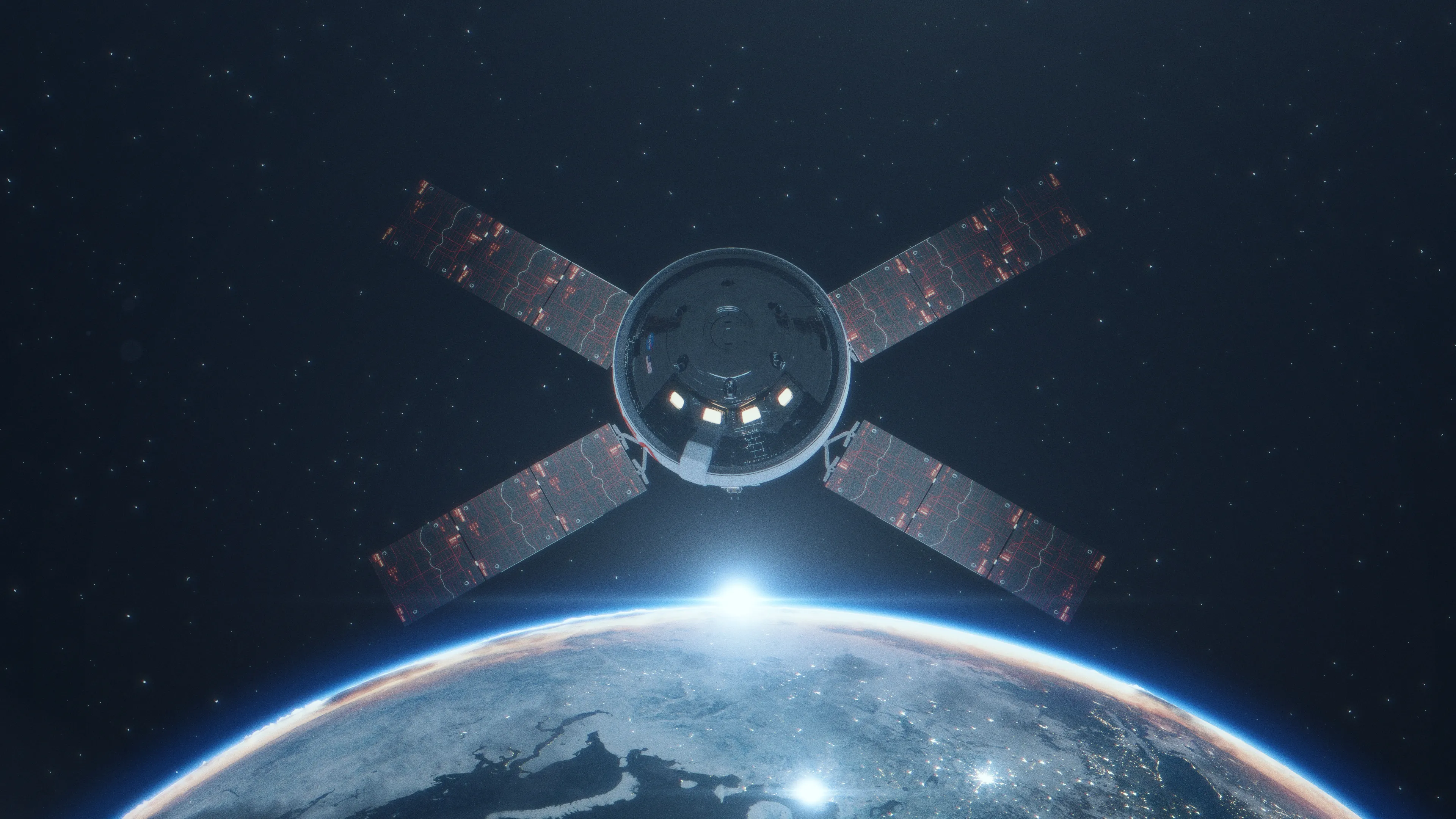 Depiction of Orion in space with Earth in background.