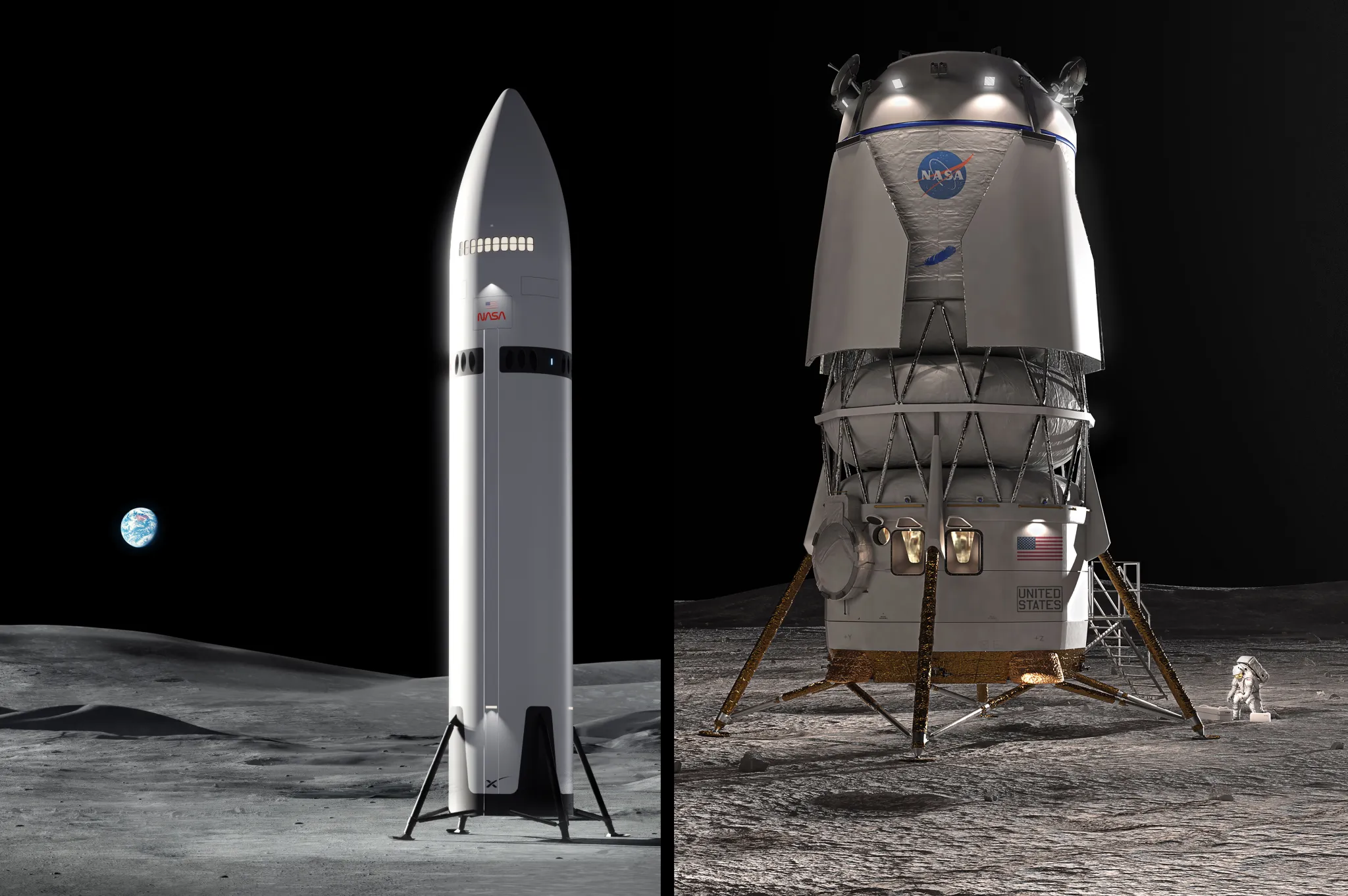 Depiction of Artemis IV on lunar surface with both landers split screened.